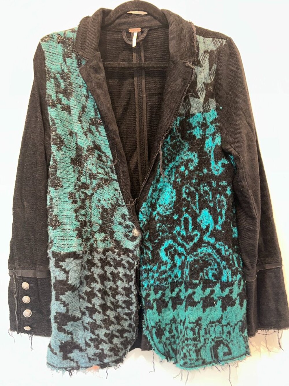 Free People Black and Teal Patchwork Knit Blazer Jacket